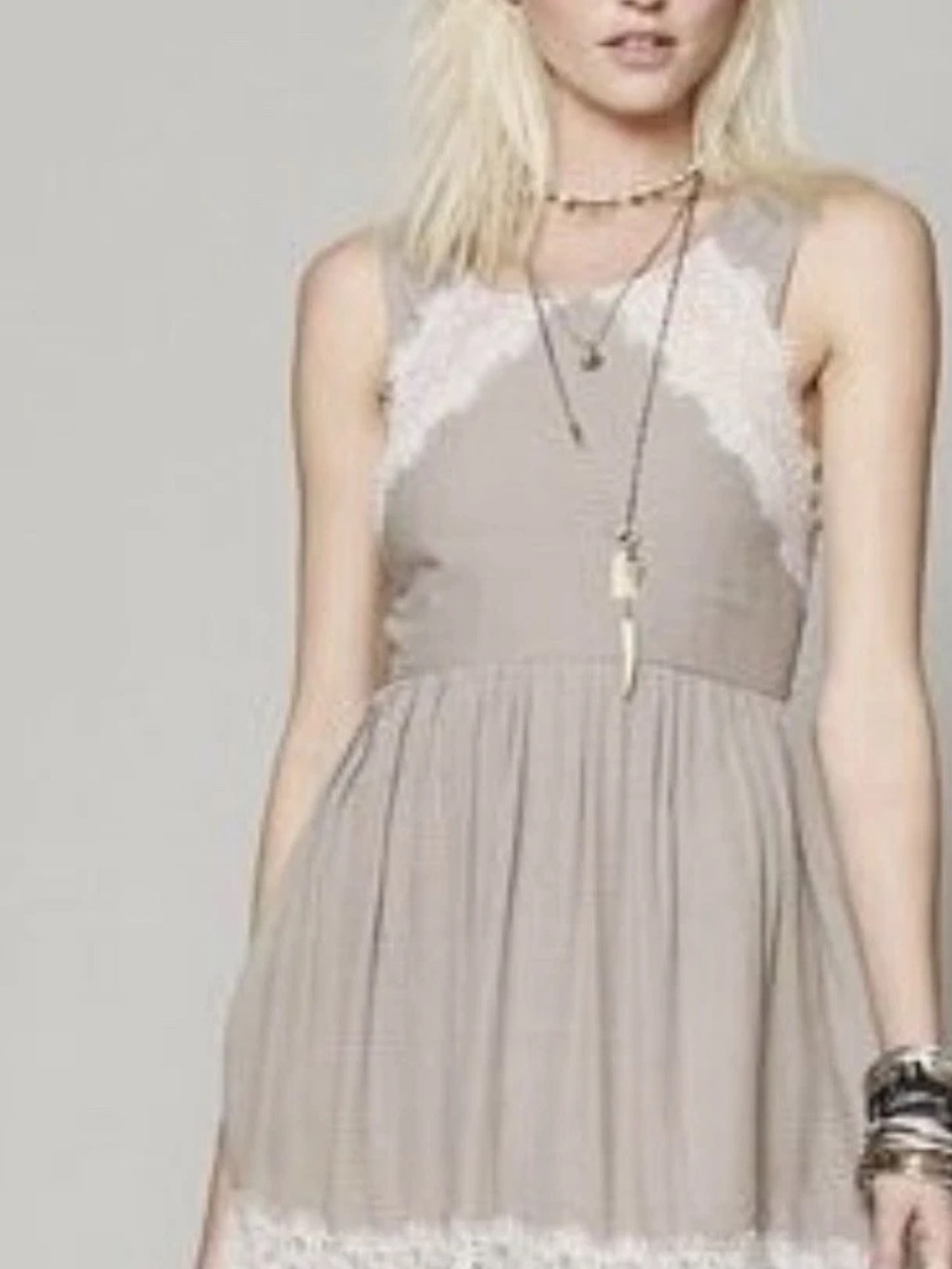 Free People Taupe Mini Dress with White Lace Trim